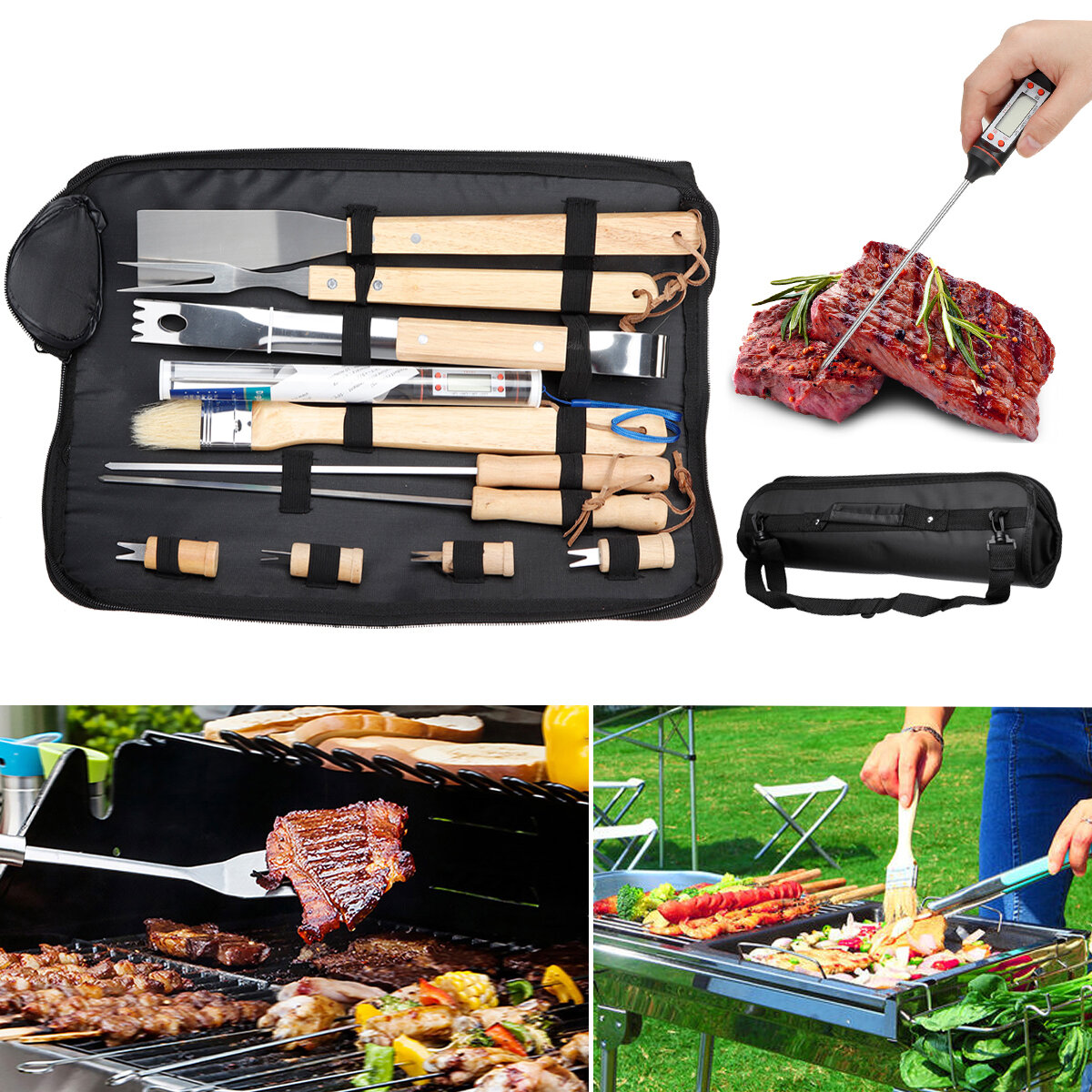 11PCS/Set BBQ Essential Grill Tools Set Barbecue Utensil Cutlery Outdoor Camping Wooden Handle Cooking Tool With 600D Storage Bag