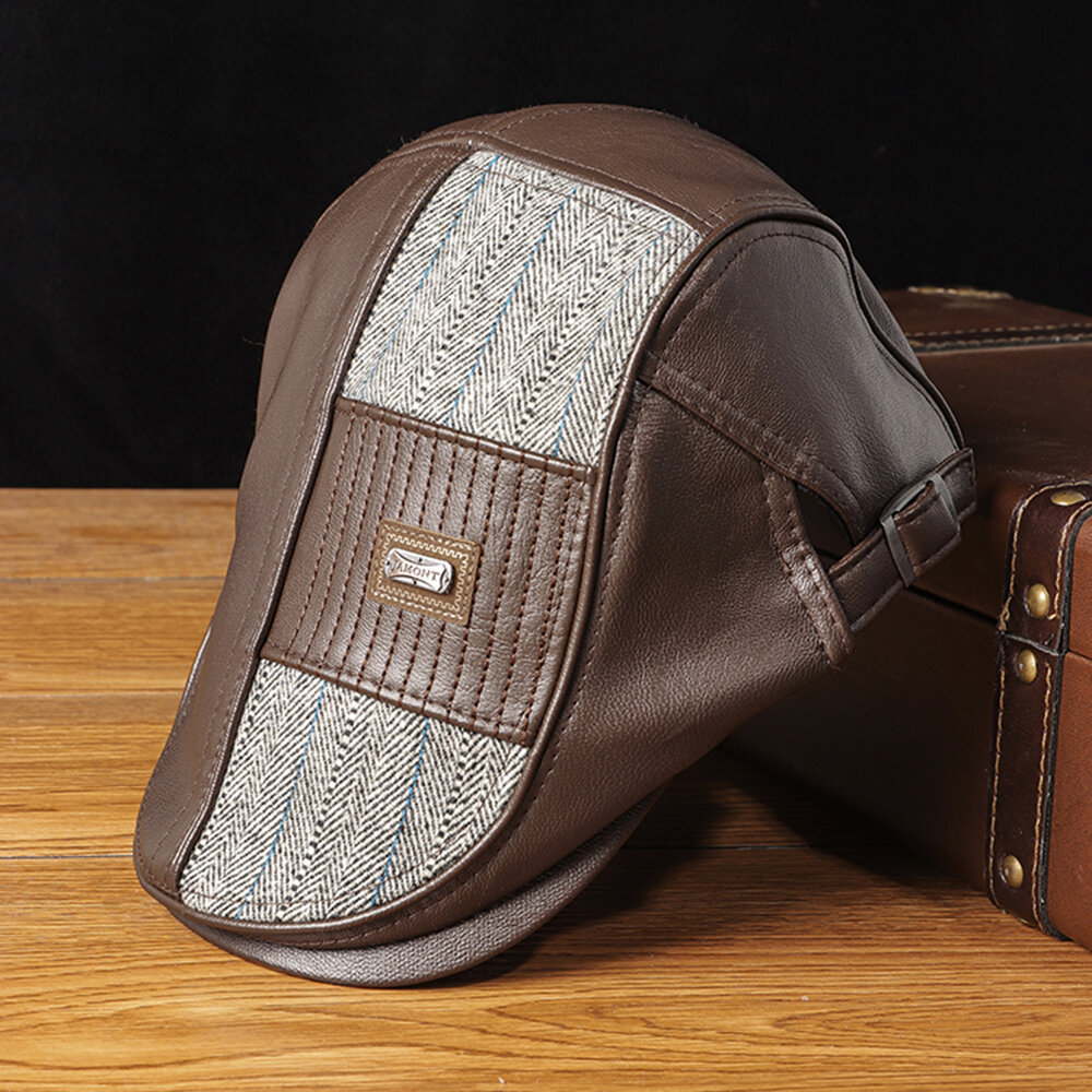 

Banggood Design Men Knit Leather Contrast Color Adjustable Stripe Pattern Casual Outdoor Beret Hat