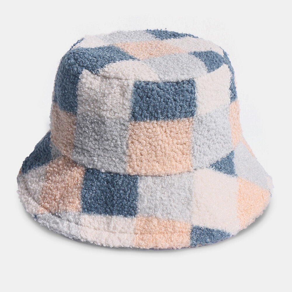 

Women Cotton Lamb Hair Warm Casual Fashion All-match Lattice Pattern Bucket Hat