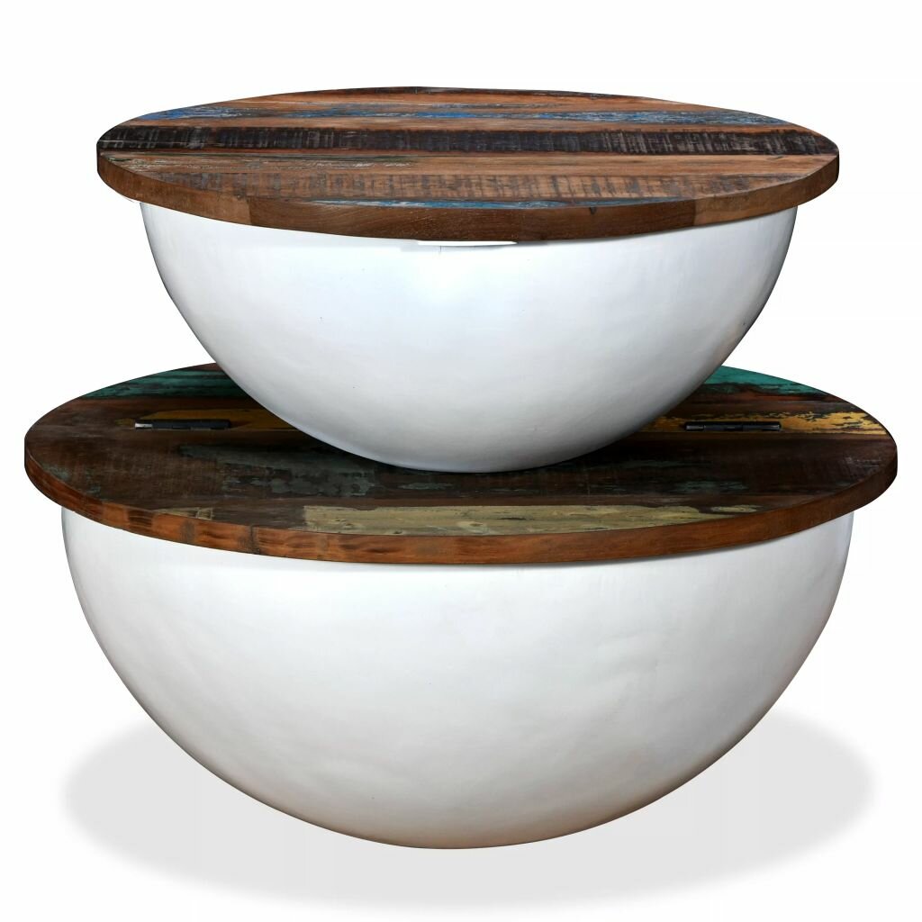 2 Piece Coffee Table Set Solid Reclaimed Wood White Bowl Shape