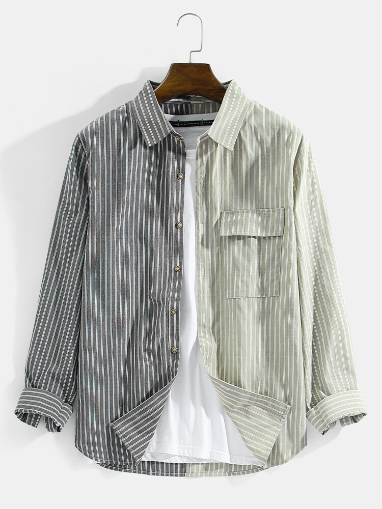 Mens Striped Patchwork Cotton Casual Long Sleeve Shirts With Flap Pocket