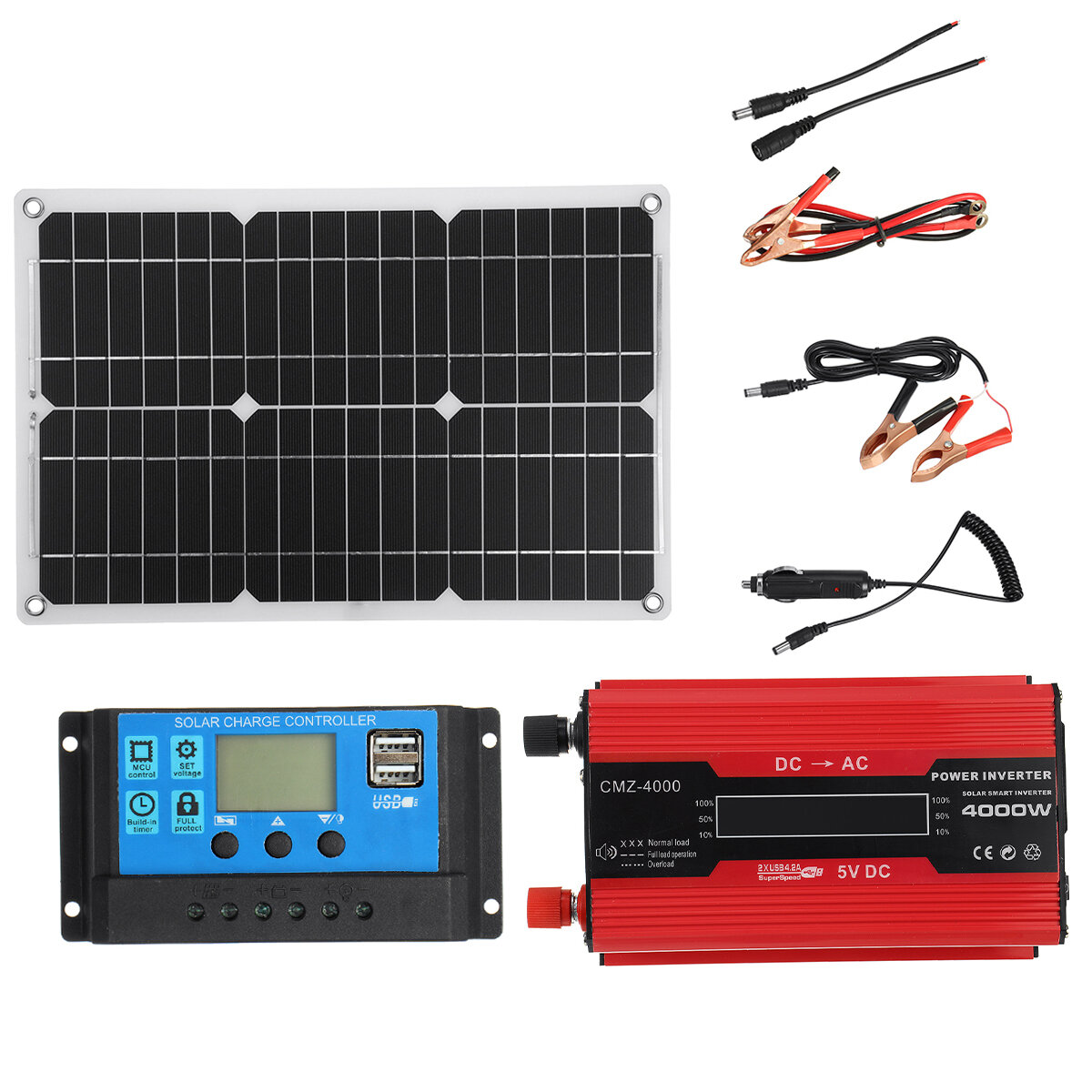 Solar Power System Kit 18V Solar Panel 4000W 12V to 110V/220V Inverter 30A 12/24V Charge Controller USB Kit