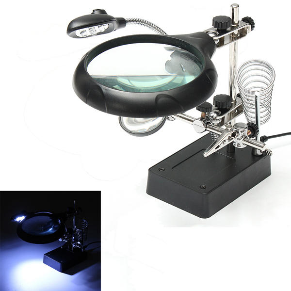 Helping Hand Soldering Stand With Magnifier Magnifying Glass 3 Lens 5 LED Light 