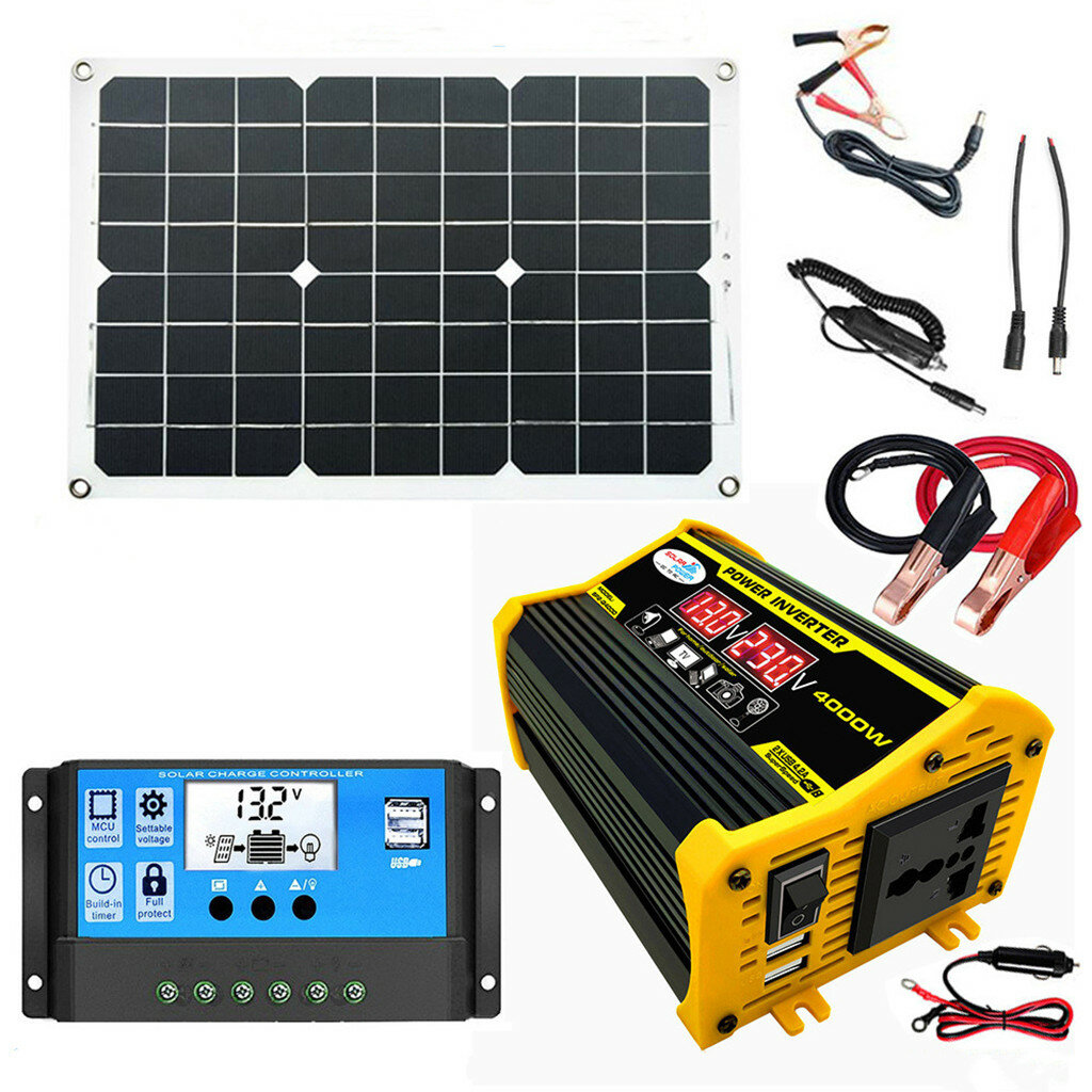 Panneau solaire 18W 12V Système d'alimentation solaire portable Onduleur de puissance 4000W avec 2 ports USB Contrôleur de charge solaire 30A Affichage à LED