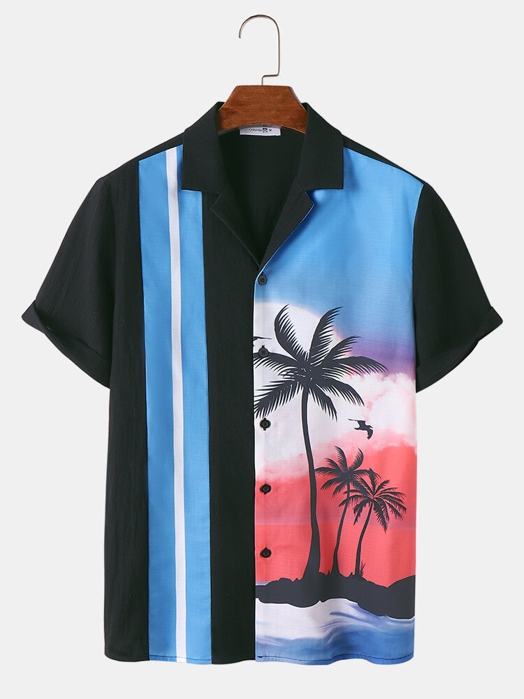 

Mens Tropical Landscape Print Revere Collar Vacation Cotton Shirts