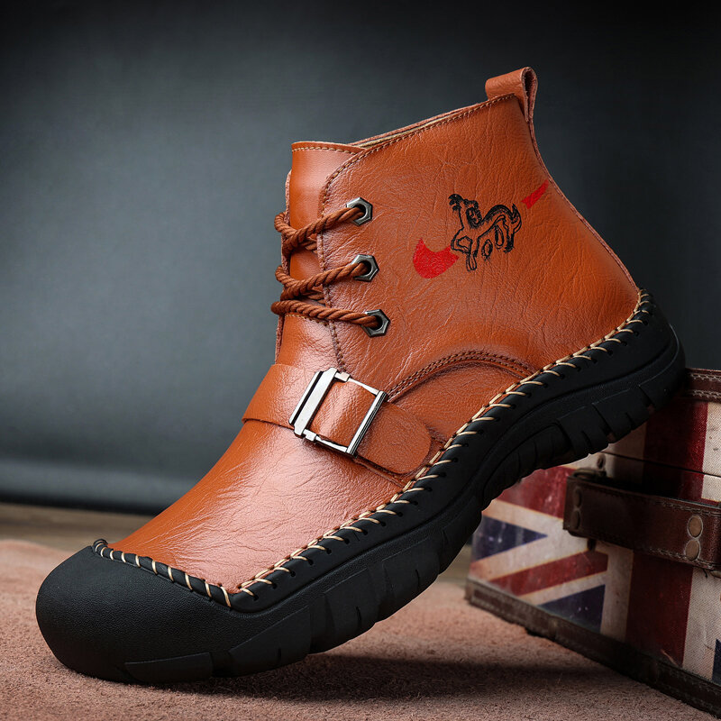Men Cowhide Slip Resistant Round Head Lace-up Hand-stitched Boots