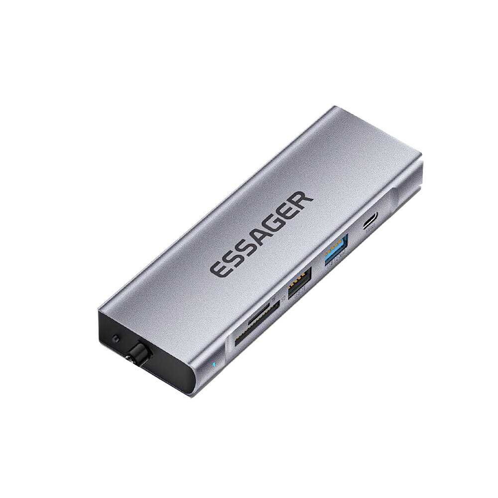 ESSAGER ES-TA08 8-in-1 Type-C Dockingstation USB2.0 USB3.2 Gen2 PD100W 10Gbps USB-C 4K@30Hz HDMI SD/TF-kaartlezersleuf Multipoorten USB-C-hub met M.2-hardeschijfbehuizing voor pc-laptop