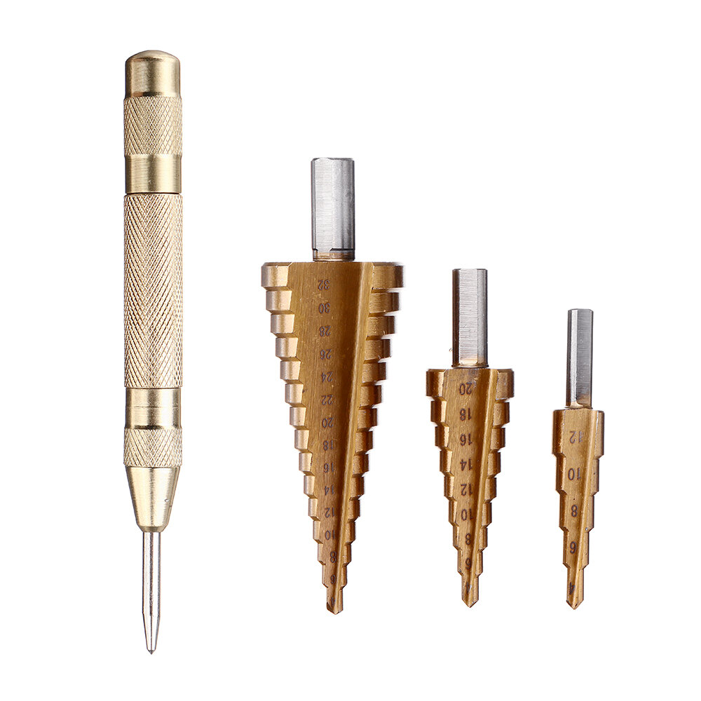 

Drillpro 4pcs 4-12/20/32mm HSS Titanium Step Cone Drill Bit with Automatic Center Punch