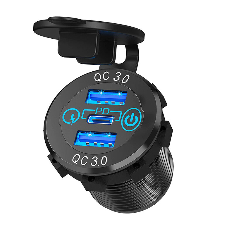 12V-24V 60W Triple USB Car Charger Socket PD3.0 & Dual QC3.0 met Touch Switch Fast Charge Adapter Bu