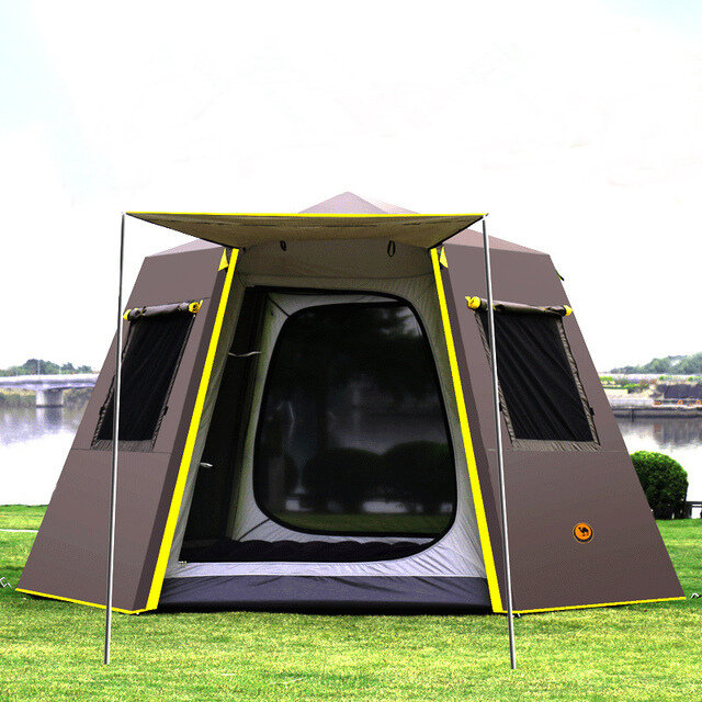 Tente automatique pour 4-6 personnes avec poteau hexagonal en aluminium, protection anti-UV, auvent et équipement de pique-nique pour les activités de plein air récréatives.