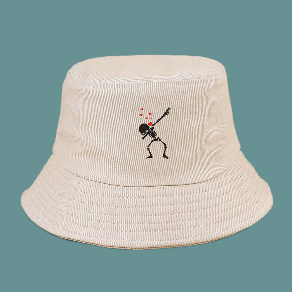 Unisex Cartoon Love Skull Print Twill Cap Cotton Solid Color Fashion Sun Protection Bucket Hat