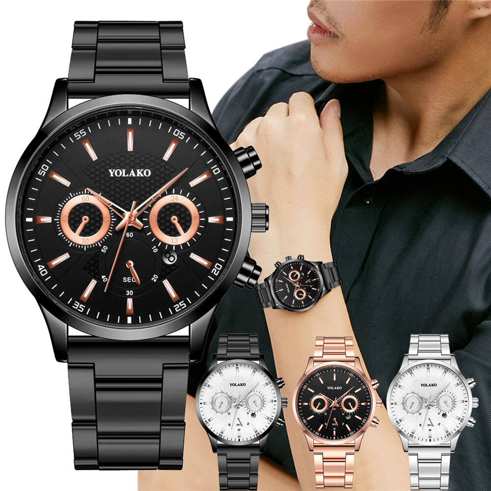 

YOLAKO Fashion Men Watch Date Дисплей Ремешок из нержавеющей стали Деловые кварцевые часы
