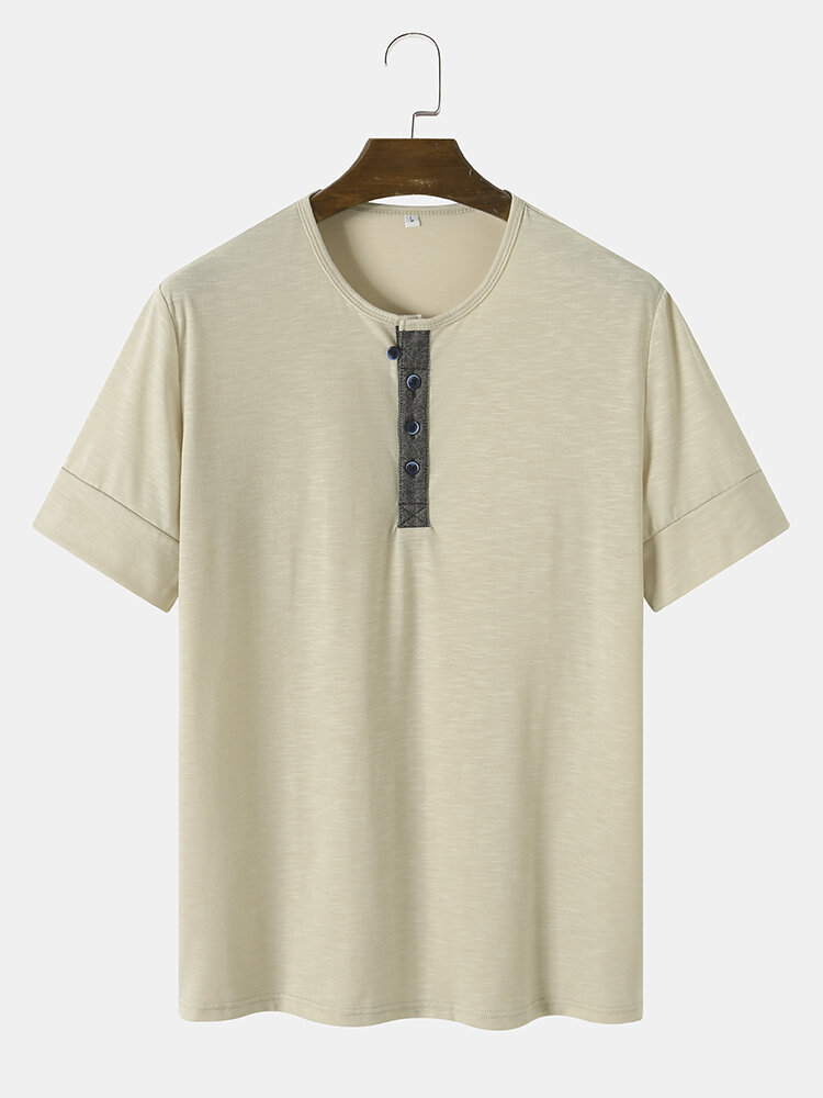 Men Solid Color Front Buttons Soft Pleats Short Sleeve Leisure T-Shirts