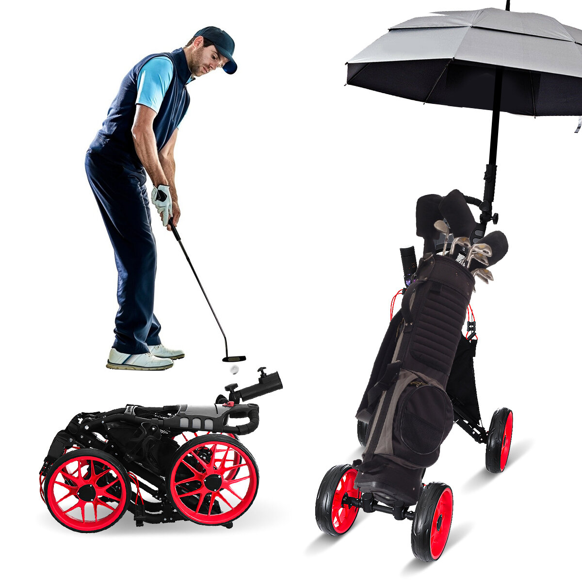 

89CM Aluminum 4 Wheel Folding Golf Cart Pull Push Golf Bag Trolley With Umbrella Cup Holder