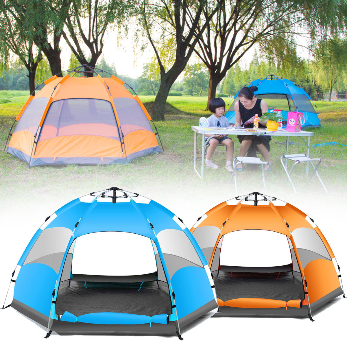 Automatisches Campingzelt für 3-4 Personen, wasserdicht, doppelschichtig, UV-Schutz am Strand.