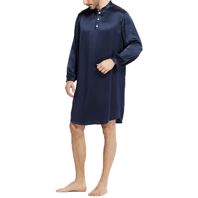 Mens Comfy Long-Sleeved Silk Satin Pajama Bathrobe Home Robe
