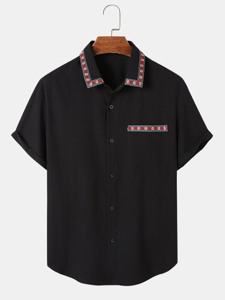 

Mens Ethnic Pattern Ribbon Detail Cotton Short Sleeve Shirts