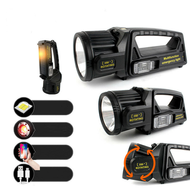 Lanterna portátil XHP50+COB Spotlights recarregável por USB com iluminação dupla e luz de aviso vermelha e azul para atividades ao ar livre, caminhadas, pesca, acampamentos, patrulhas e iluminação de busca