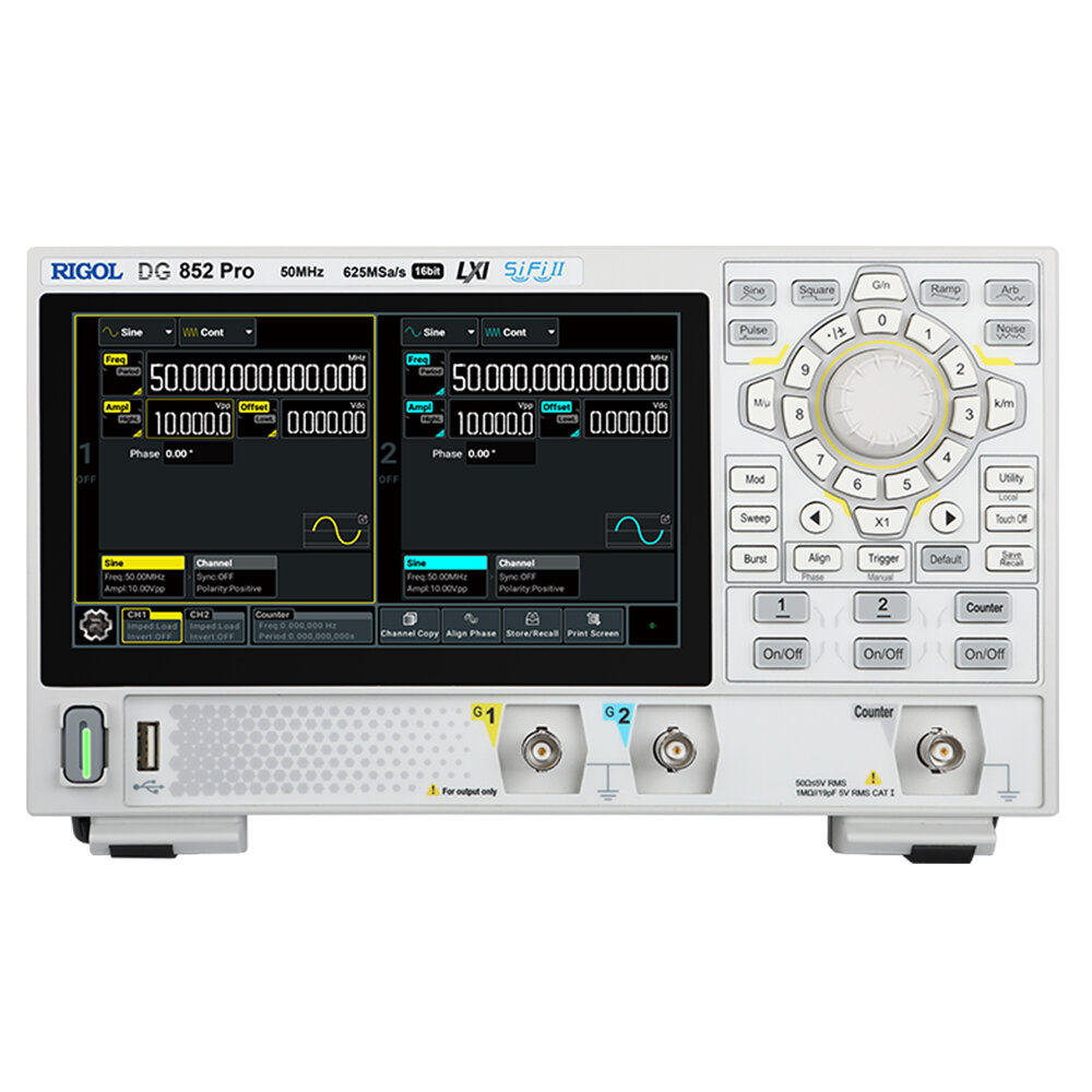 

DG852 Pro Series Function Arbitrary Waveform Generator 50MHz 2CH 625MSa/s High Accuracy Portable Design with 7 inch Touc