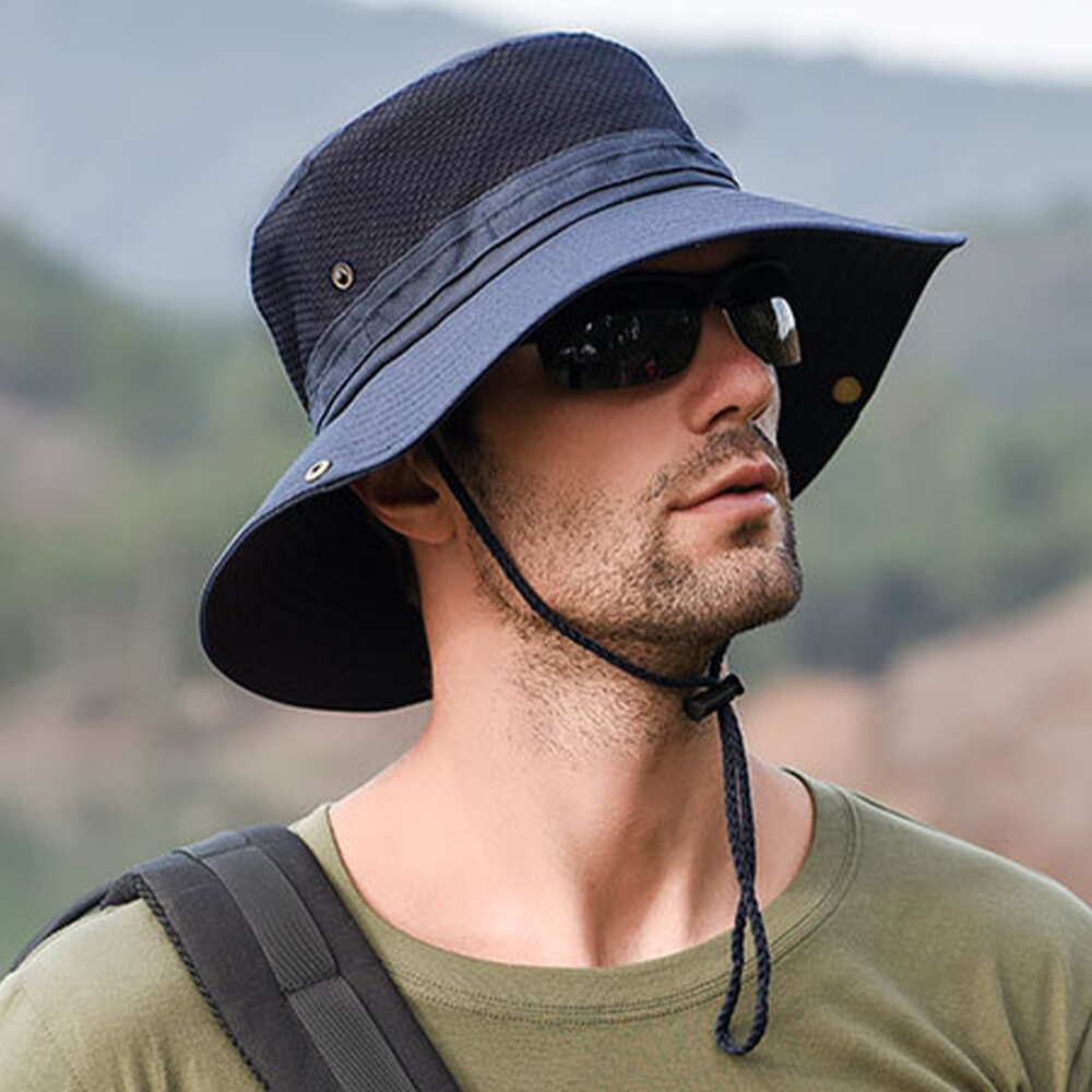 Mens opvouwbare ademende emmer hoed met String Outdoor vissen hoed klimmen zonnescherm Caps