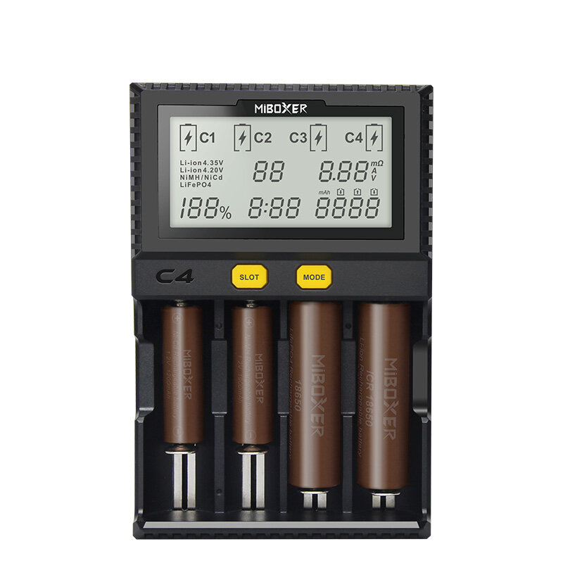 MIBOXER C4 4-Slots Smart Battery Charger With LCD Screen Display Support DC12V (Car Charging) & AC90-260V Charging Suita