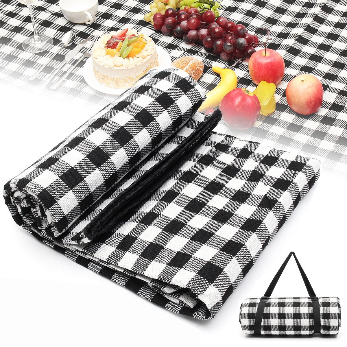 200X200CM Waterproof Extra Large Picnic Blanket Rug Folding Mat Premium Cashmere Black Rug Machine Washable Mat for Family Beach Outdoor