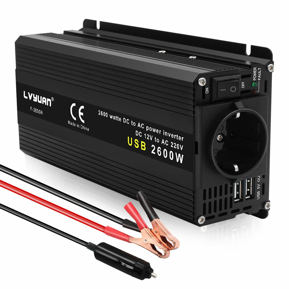 [EU Direct] Lvyuan DC 12V à AC 220V Convertisseur de courant pour voiture Convertisseur de puissance 1000 W (2600 W de crête) Batterie externe portable Banque d'alimentation Douille d'inverseur double USB, 2600A