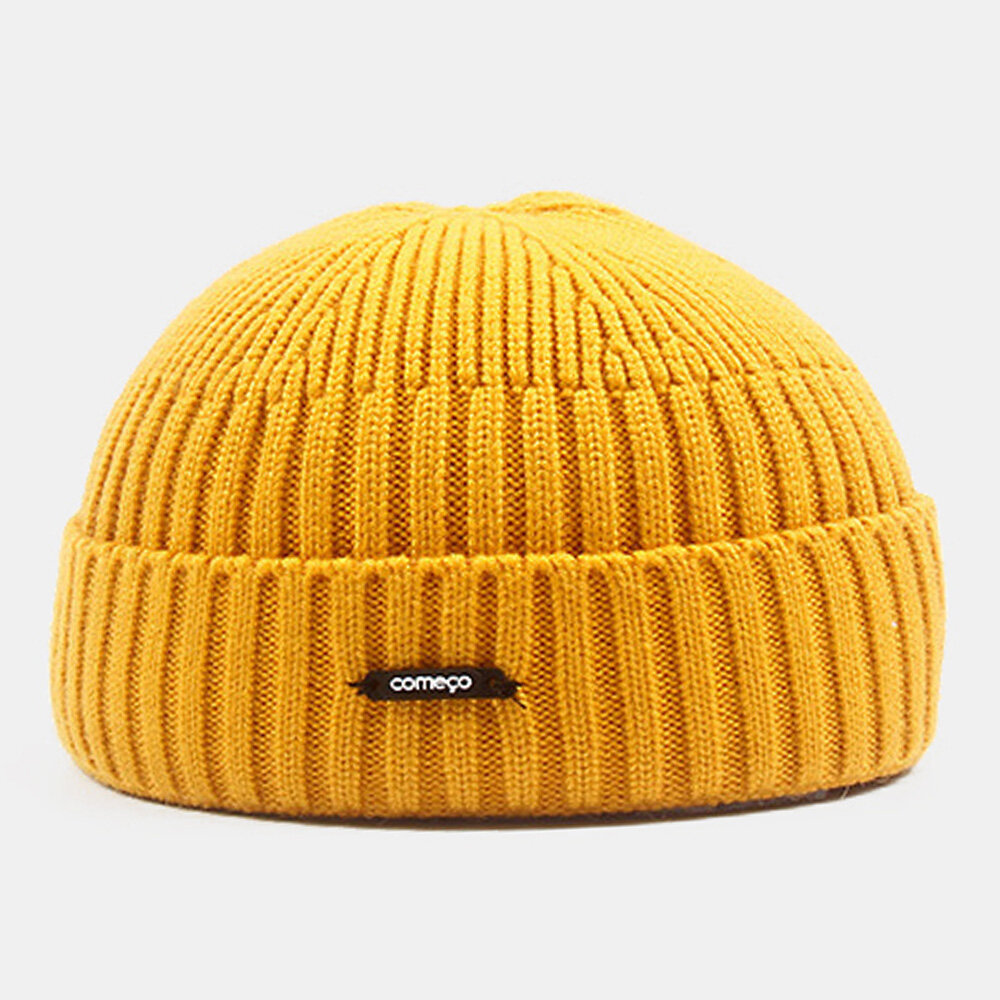 

Unisex Knitted Solid Color Letter Label Dome All-match Brimless Beanie Landlord Cap Skull Cap