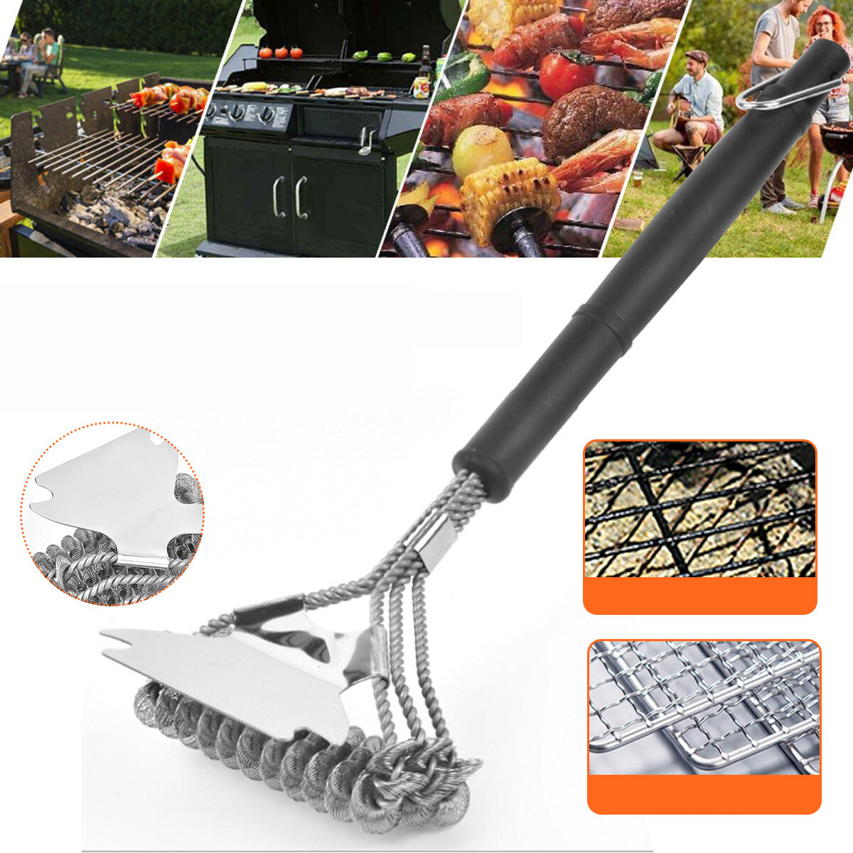 2 In 1 BBQ Grill Brush Stainless Steel Wire Barbecue Cleaning Tool Camping Picnic Tableware