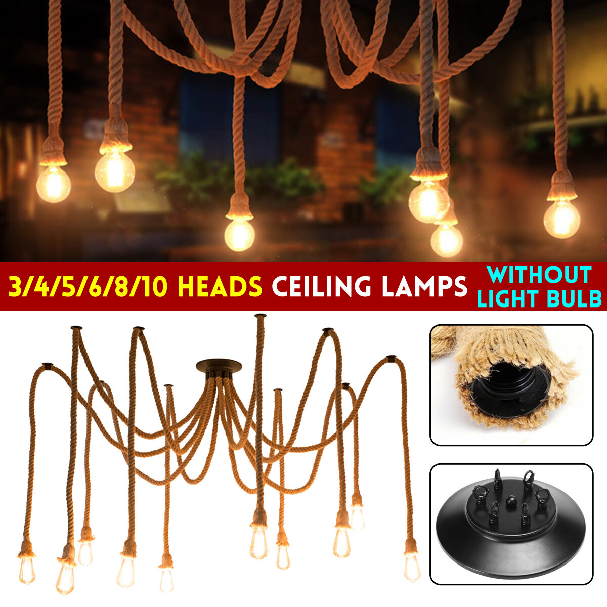 1.5M 3/4/5/6/8/10 Heads Industrial Hemp Rope Chandelier Ceiling Pendant Light E27 Lampholder Light Fixture AC110-220V
