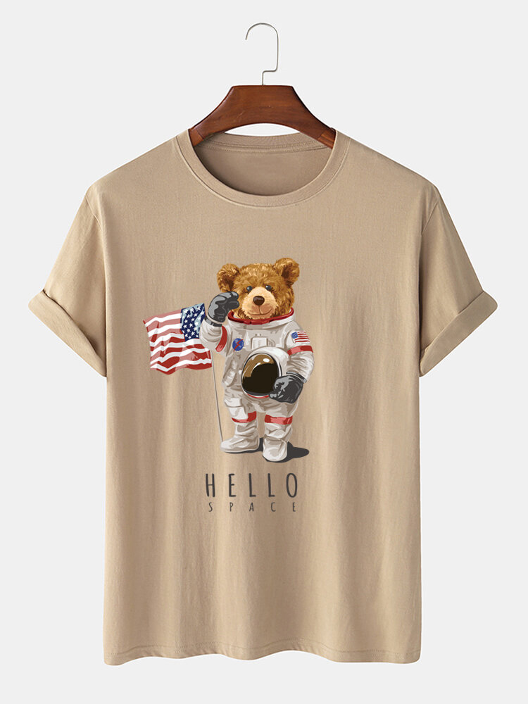 

Mens Cartoon Astronaut Bear Print Cotton Short Sleeve Casual T-Shirt