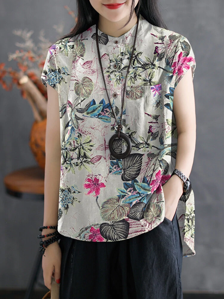 Loose fit 100% cotton button flowers short in front and long in back split sleeveless shirt for women