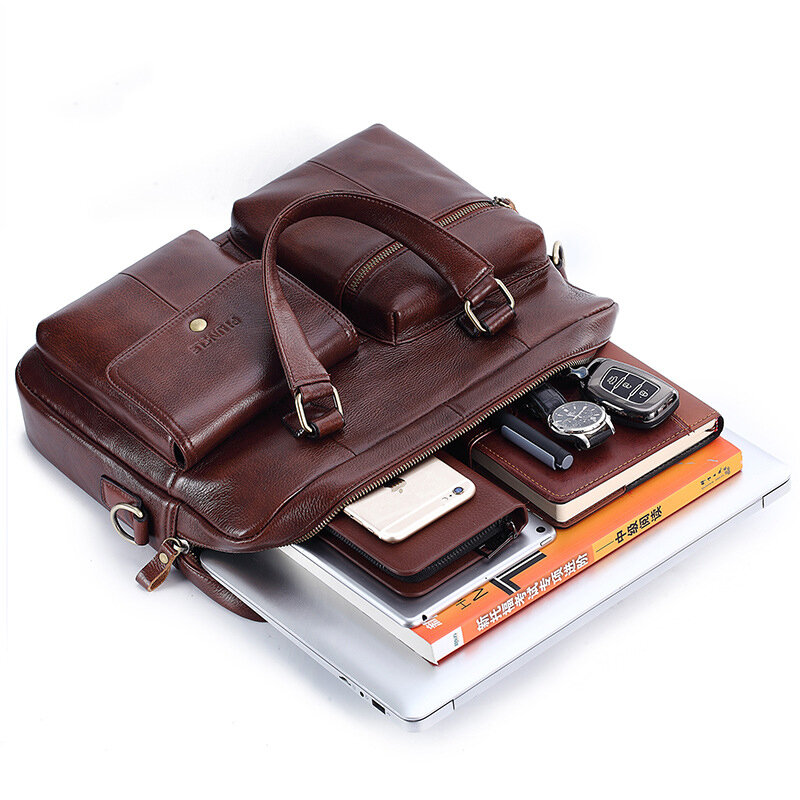 

PI UNCLE 15.6 inch Multifunction Multi-Pocket Genuine Leather Macbook Storage Bag Men Briefcases Shoulder Crossbody Bag