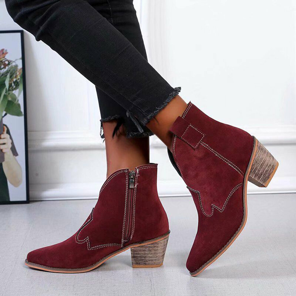 Plus Size Women Suede Pointed Toe V-cut Chunky Heel Ankle Boots