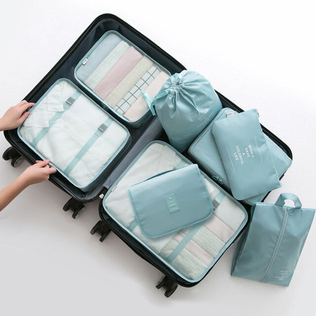8-ми предметный набор складных органайзеров для одежды с сетчатыми карманами и затяжками для белья, обуви и хранения во время путешествий.