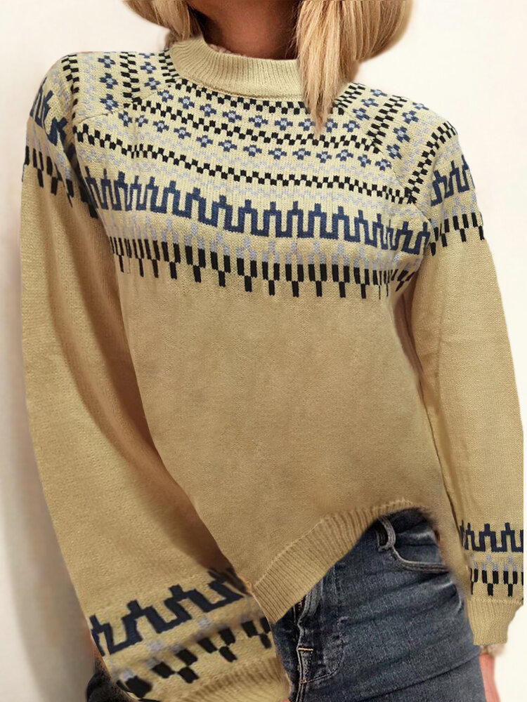 Women Vintage Jacquard Printed Half Collar Casual Pullover Knitted Sweater