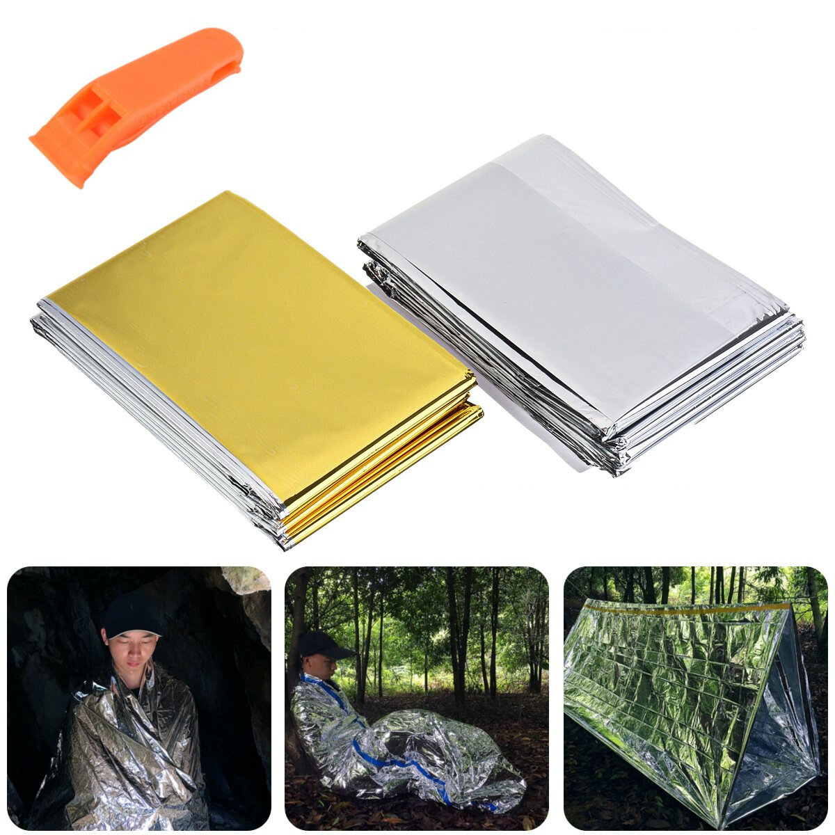 2Pcs 160x210cm Outdoor Emergency Blanket Ultralight Thermal Blanket First Aid Insulation Survival Foil Mylar Sleeping Mat with Whistle Camping Climbing