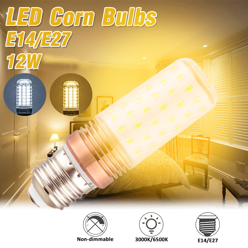 12W E14 E27 LED Corn Light Bulb 3000K/6500K Candelabra Lamp for Home Hotel Indoor AC220V