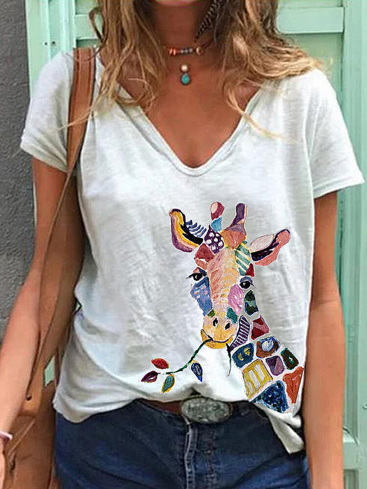 Cartoon Giraffe Dierenprint V-hals Losse T-shirts met korte mouwen voor dames