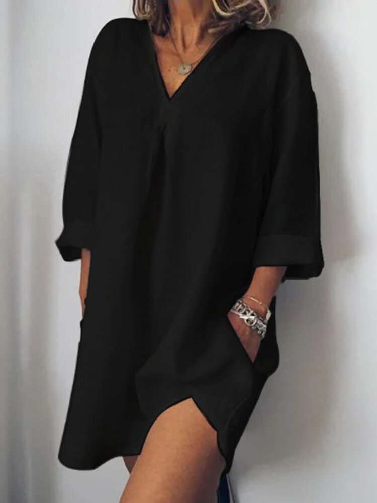 Casual cotton solid color v neck long sleeve pocket dress Sale ...