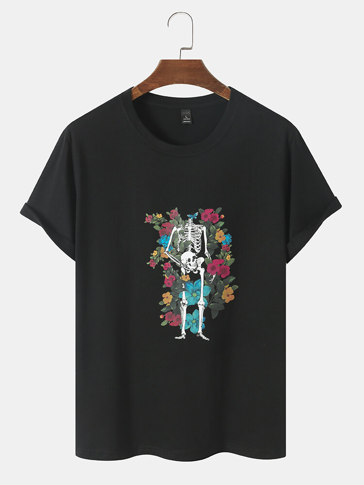 Heren Bone & Rose Print Casual All Matched Huidvriendelijke T-shirts met ronde hals