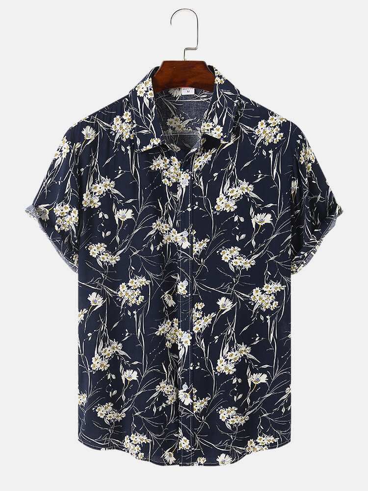 Men Ditsy Floral Print Retro Style Breathable Leisure Fit Skin-friendly Shirts