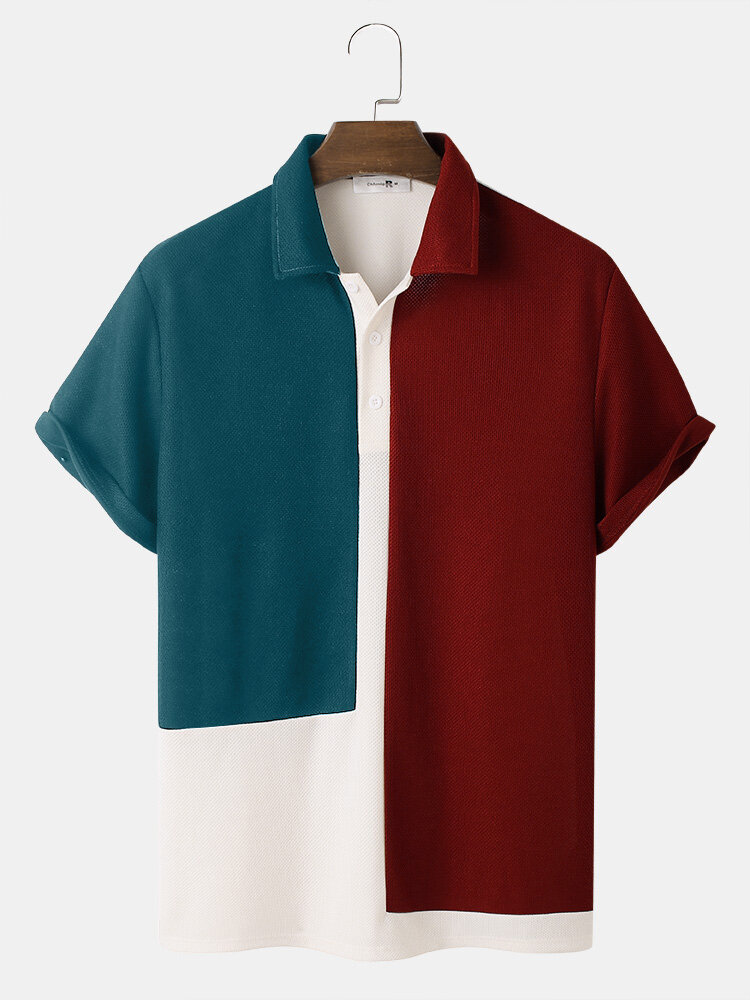 

Mens Tricolor Knitted Lapel Short Sleeve Regular Hem Shirt
