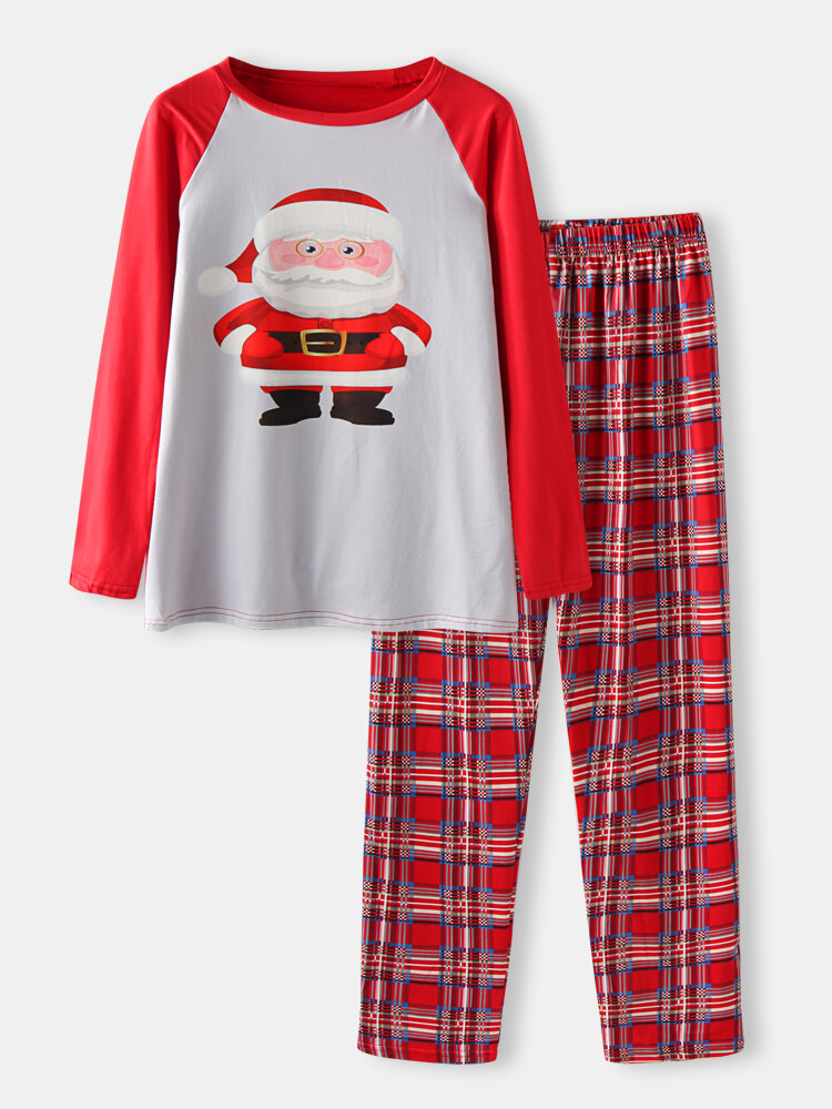 

Mens Cartoon Santa Claus Print Raglan Sleeve Loose Plaid Pants Home Lounge Pajamas Set