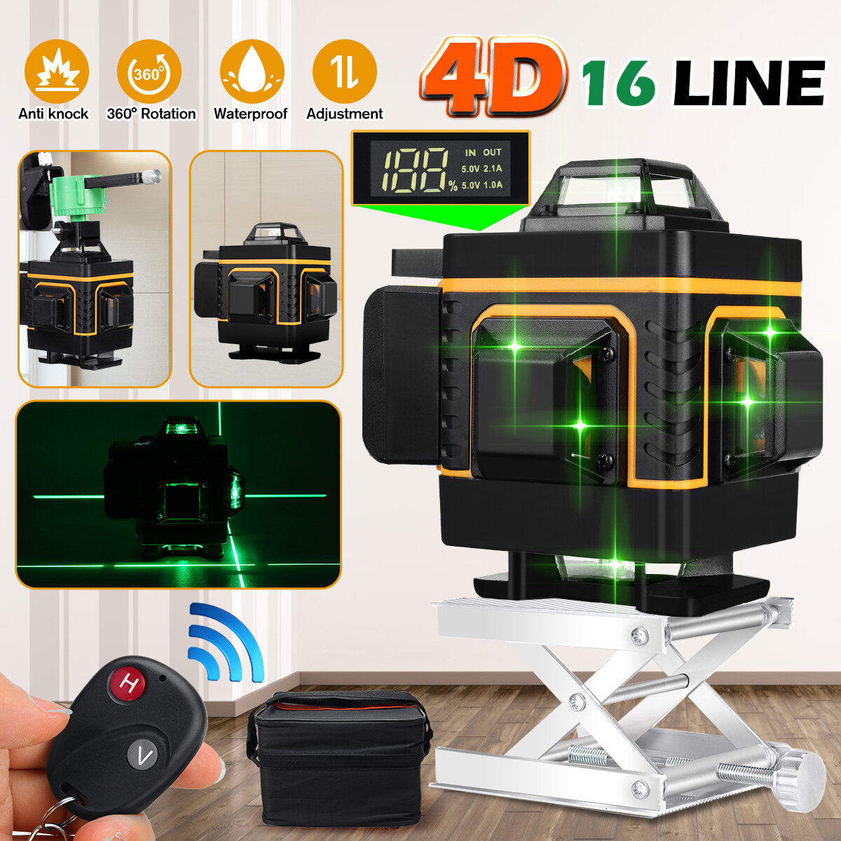 

FASGet 16 Lines 4D 360° Laser Level Self Leveling Line Holder Tool Bracket with Single Battery App Control Remote Contro