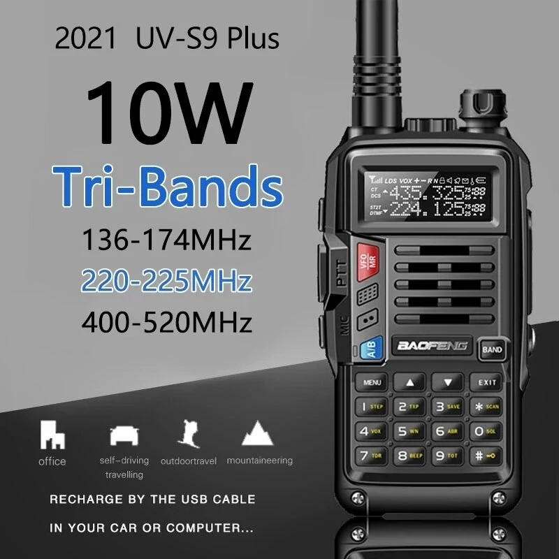2021 BaoFeng UV-S9 Plus Walkie Talkie Tri-Band 10W Powerful 10W CB Radio Transceiver VHF UHF 136-174Mhz/220-260Mhz/400-520Mh 10W 10km Long Range up of uv-5r Portable Radio 2xAntenna - Black