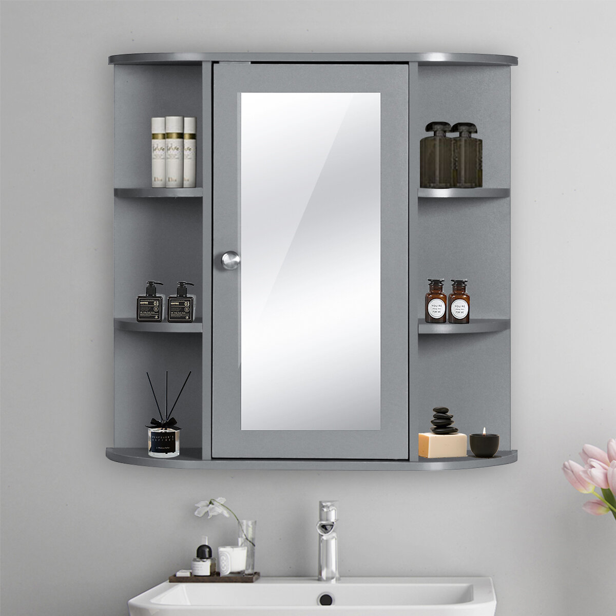 Privmedi Wall-mounted Hanging Bathroom Cabinet Wooden Adjustable Shelves&Mirror, Adjustable Height, Large Capacity