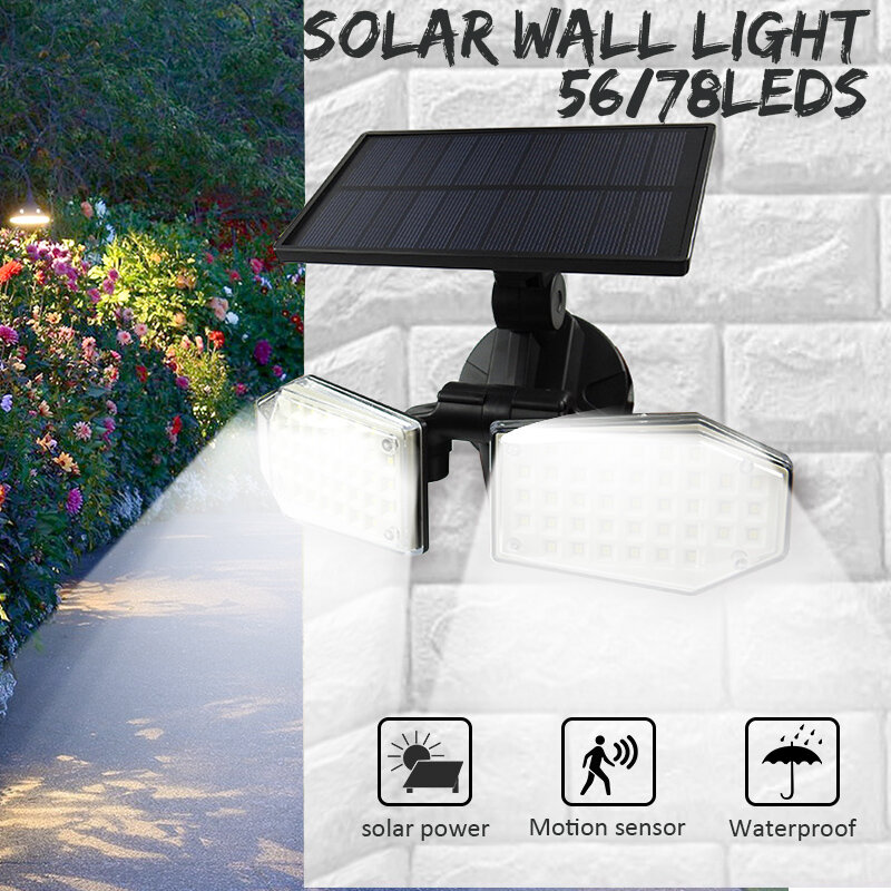 56/78LED Solar Powered PIR Motion Sensor Light Angle Adjustable Outdoor Garden Wall Light