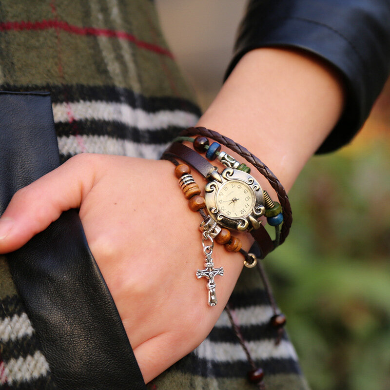 Vintage Cowhide Bracelet Watch Beaded Cross Pendant Leather Lady Bracelet Watch Bracelet