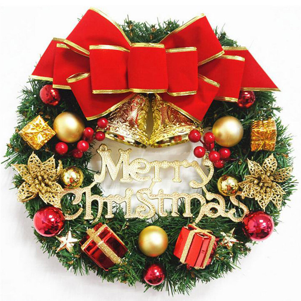 30cm Christmas Garland Arrangement Ornament Wreath Decor Wreath Bow Bell for 2020 Christmas New Year Festival Decoration